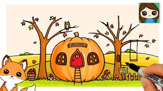 How to Draw a Magical Pumpkin Fall Scenery 🍁Cute Autumn Landscape Art