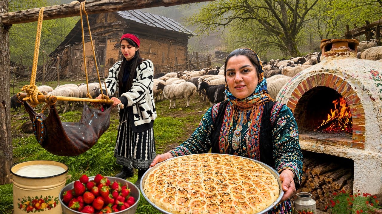     IRAN Village Life : Traditional Strawberry Jam, Fresh Butter & Baking Milk Bread in Clay Oven!🍞🍰
