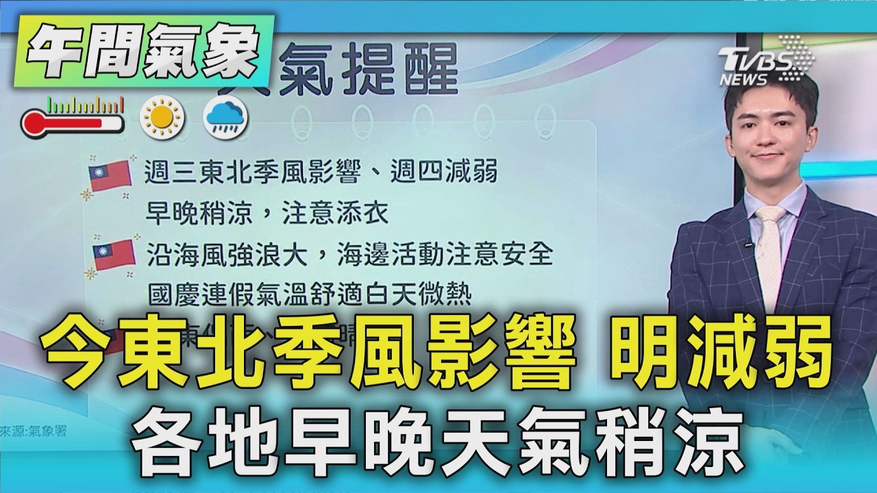 天氣/今東北季風影響 明減弱 各地早晚天氣稍涼｜氣象主播 吳軒彤｜午間氣象｜TVBS新聞20261007 @TVBSNEWS01