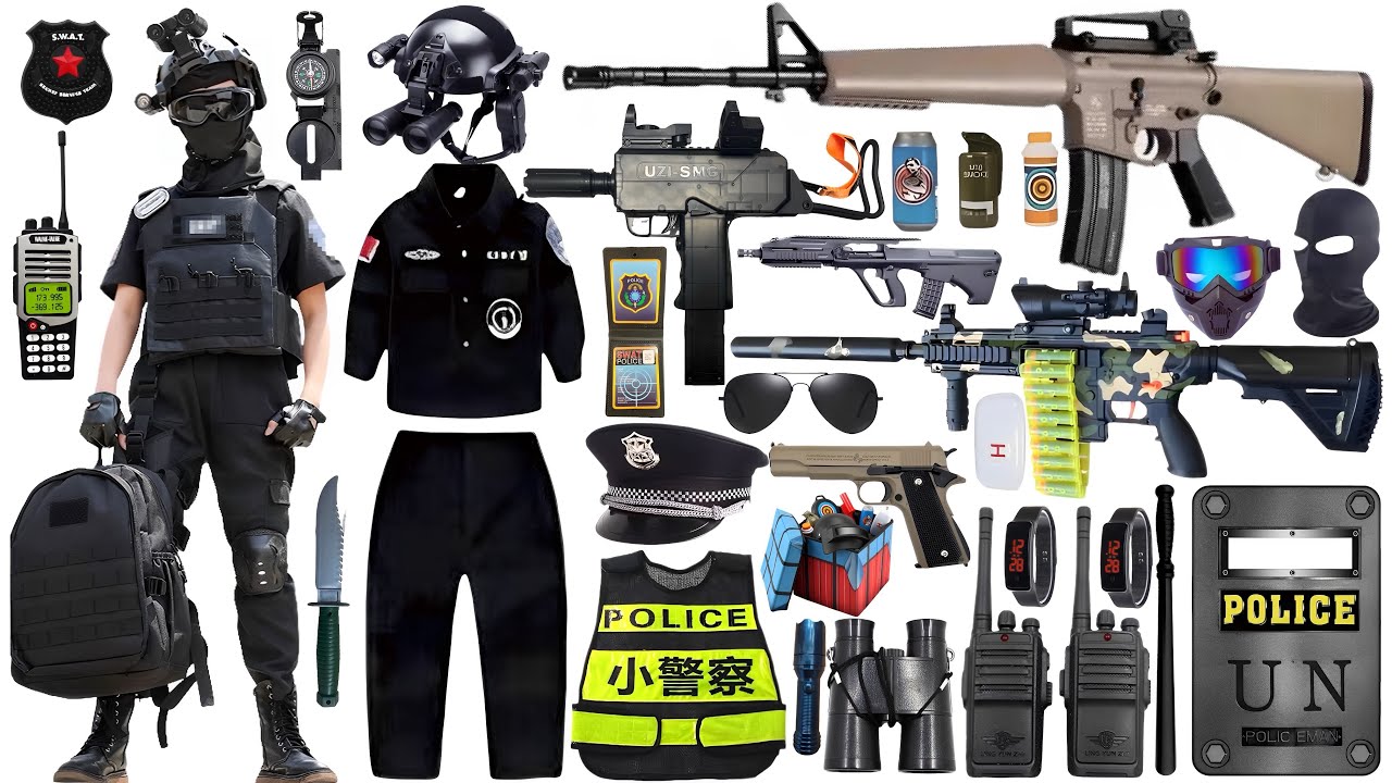 Special Forces Military Toy Gun Set Open Box, UZI submachine gun, M16 rifle, revolver, bomb dagger