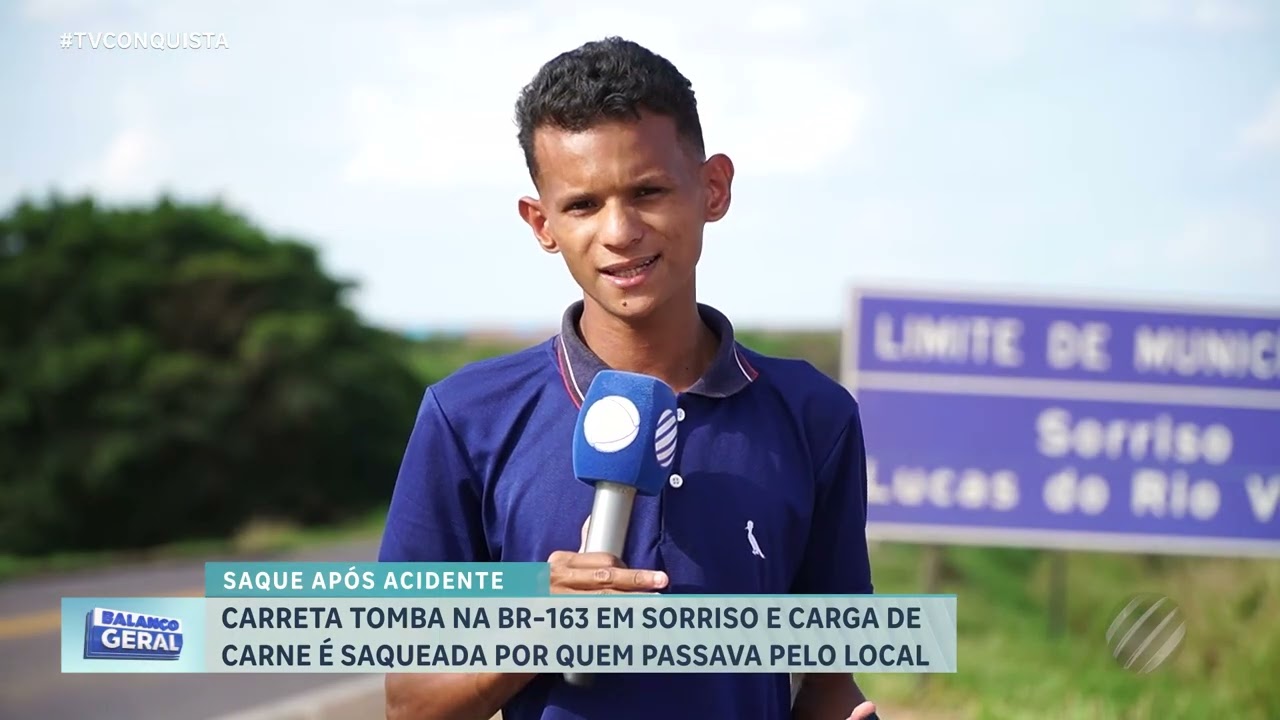 Carreta carregada com carne tomba na BR-163 em Sorriso e carga é saqueada