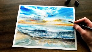 Watercolor SEASCAPE/ BEACH painting Easy Step by Step with Photo Reference + Sketch