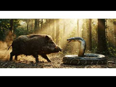 A confrontation between a wild boar and a large snake in the middle of a dense forest clearing.