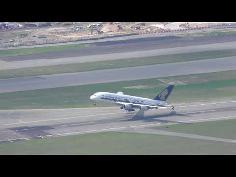 Beautiful Singapore Airlines A380 Take off sunset at Hong Kong with ATC