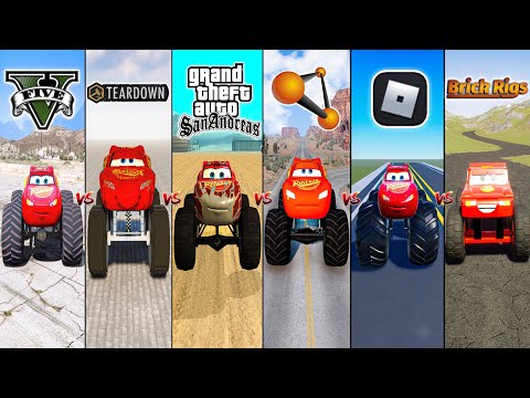 GTA 5 MONSTER TRUCK LIGHTNING MCQUEEN VS TEARDOWN VS GTA SA VS BEAMNG VS ROBLOX VS BRICK RIGS