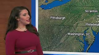 Felicia Combs - Tight Maroon Shirt Grey Pants - Weather Channel - Rear View - Easy On The Eyes