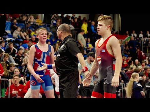 U15 Santtu Erkkilä (FIN) vs Jonas Thoresen (NOR) 68kg. Greco-roman boys youth wrestling. B-cam-man