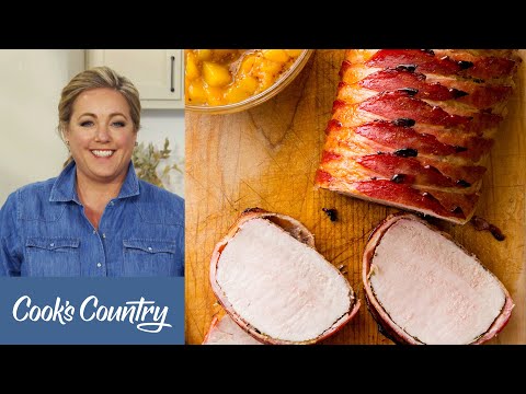 How to Make Bacon Wrapped Pork Roast with Peach Sauce