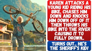 Karen Attacks The Sheriff's Kid, Knocks Him Off His Bike & Drowns It Into The River.. MEETS HELL!