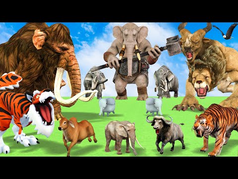10 Mammoth Elephant Cow vs 5 Giant Tiger Wolf Zombie Buffalo Fight Cow Saved By Woolly Mammoth