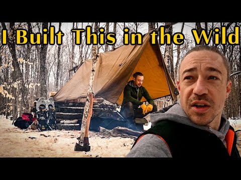 Building a New Bushcamp! Deep Snow Overnight with Wolf.