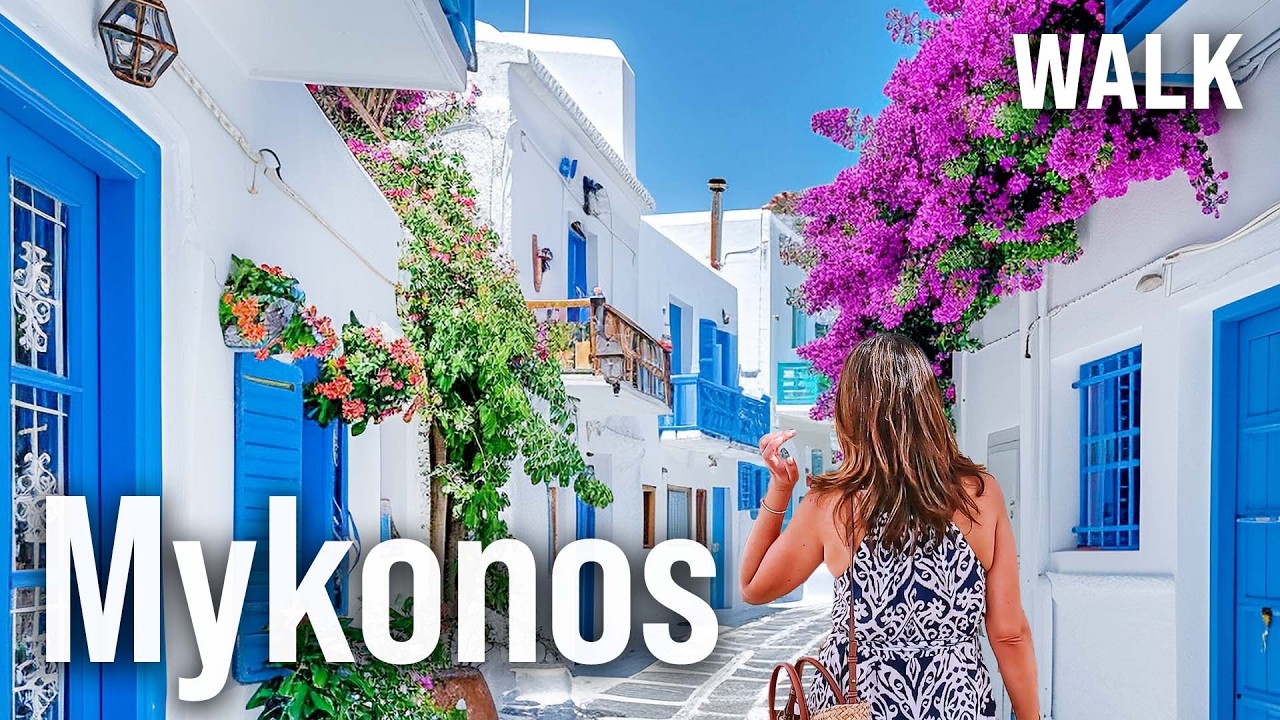 Immersive street-level walking tour through Mykonos, Greece, showcasing authentic urban landscapes, local architecture, and the vibrant atmosphere of the city's neighborhoods