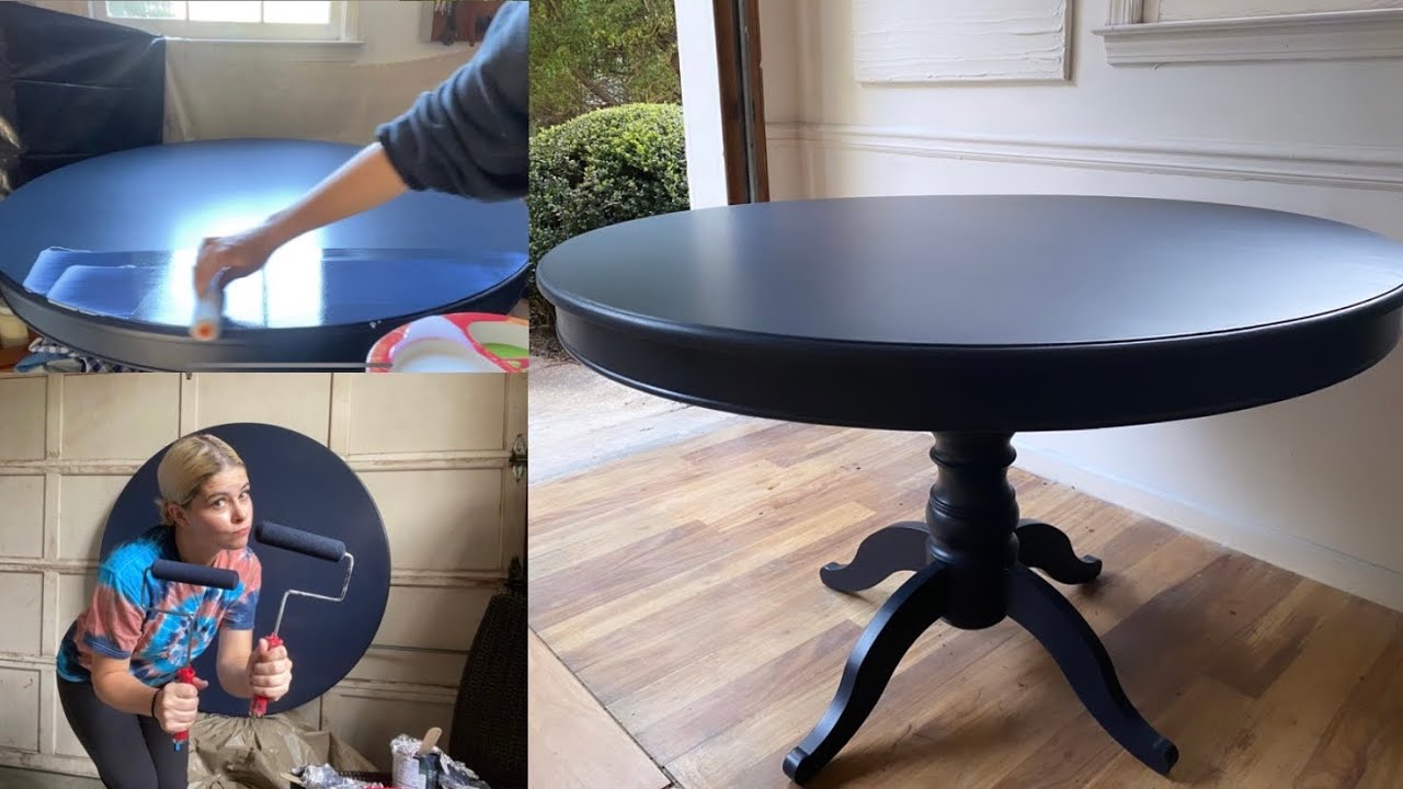 Watch video Painting Furniture Dark - Navy Blue Black TABLE makeover NO bubbles foam roller rid of brushstrokes Now Painting Furniture Dark - Navy Blue Black TABLE makeover NO bubbles foam roller rid of brushstrokes