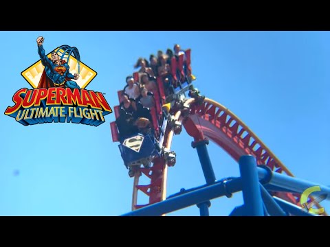 Off-ride footage of a Superman Ultimate Flight train