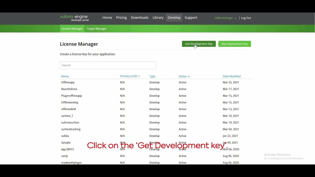 How to generate the Vuforia key for Offline Surface Tracking