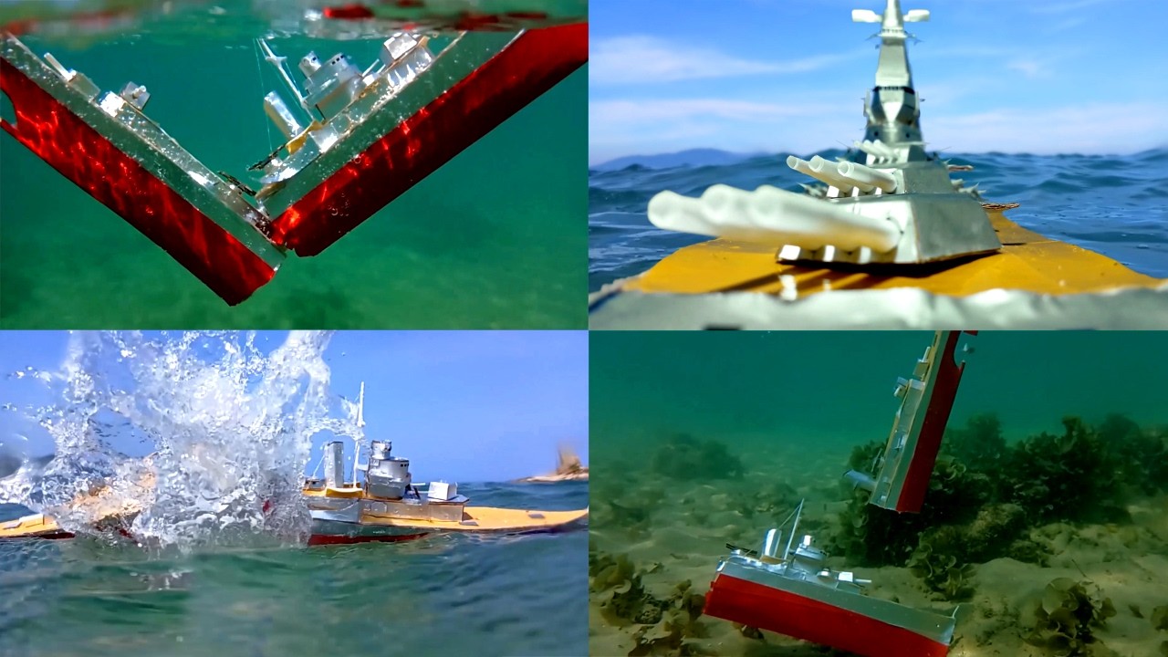 Cardboard ship sinking, battleship model Yamato vs destroyer USS Johnston, miniature WWII