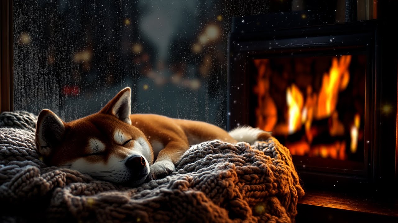 3 Hours of Peaceful Piano, Rain, and a Sleeping Dog by the Fireplace | Ultimate Relaxation