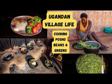 Ugandan VILLAGE LIFE. Ugandan girl cooking typical Ugandan village food. Posho, Beans and Greens