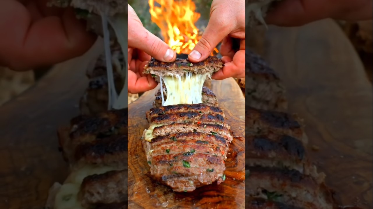 The Ultimate Stuffed Kebab Over Wood Fire! 🥩✨ . ​#Shorts #BBQ #OutdoorCooking #CheesePull