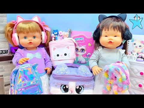 ANI and ONA's MORNING ROUTINE going to school with Kawaii KITTENS accessories with DOLLS and TOYS
