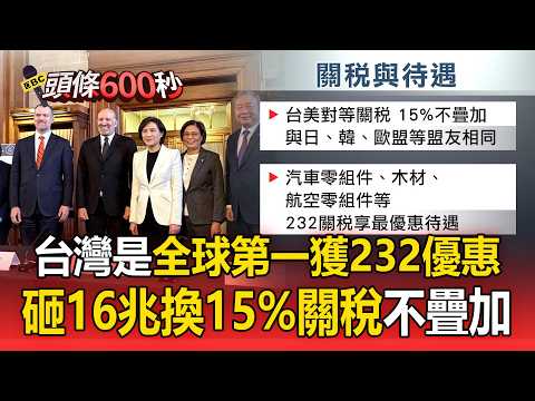 台灣是全球第一獲232條款優惠！砸16兆換15%關稅不疊加【頭條600秒】