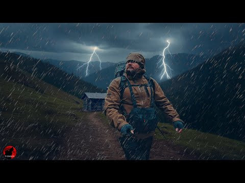 Forced to Hunker Down in a Forgotten Cabin Shelter - Thunderstorm Heavy Rain Camp
