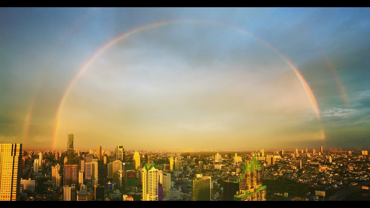 Beautiful Double Rainbow over Bangkok city