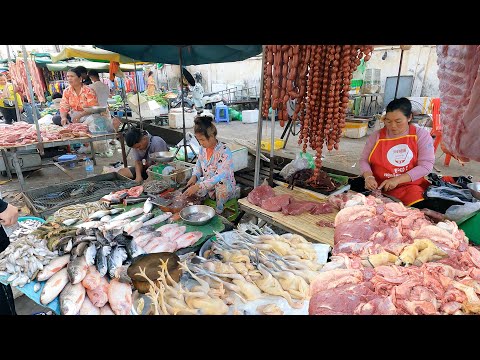 Cambodian Food Market & Fish Market Scenes - Fish, Pork, Meat, Vegetables & More - Daily Lifestyle