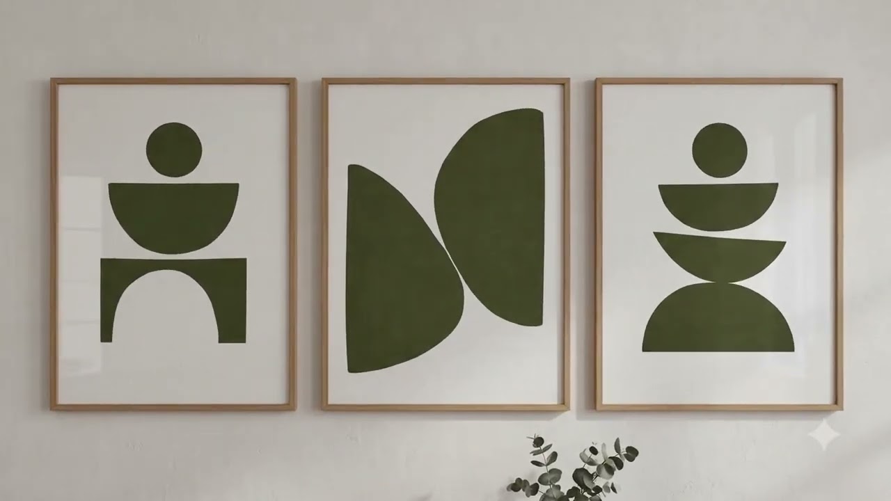 Vidéo | Triptyque abstrait géométrique vert olive – Ensemble de 3 tableaux minimalistes pour salon, bureau ou chambre, décoration murale moderne style scandinave A903