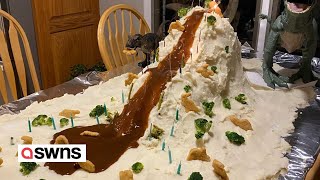 Mum creates Jurassic Park-themed mashed potato mountain | SWNS