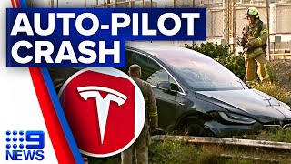 Tesla on auto-pilot causes traffic-stopping crash in Melbourne | 9 News Australia