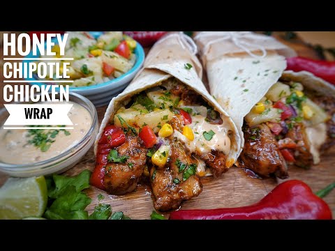 HONEY CHIPOTLE CHICKEN WRAP WITH A PINEAPPLE SALSA AND GUACAMOLE