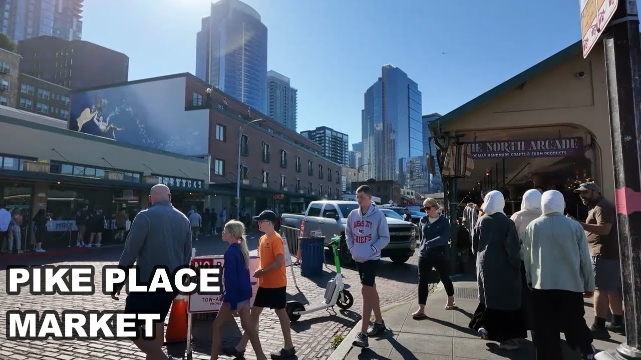 Immersive street-level walking tour through Pike Place Market Seattle, Washington, showcasing authentic urban landscapes, local architecture, and the vibrant atmosphere of the city's neighborhoods