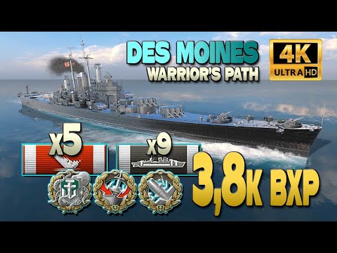 Cruiser Des Moines on map Warrior's path, center play - World of Warships