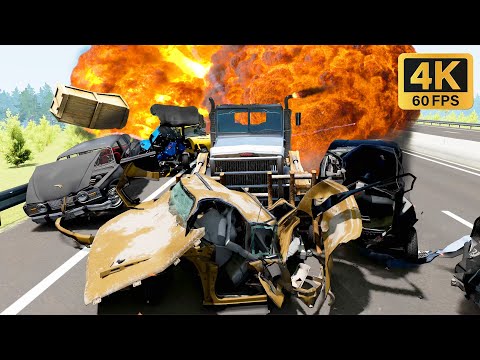 Satisfying Car Rampage Flatbed Trailer cars crashing max speed on German Autobahn - Beamng Drive