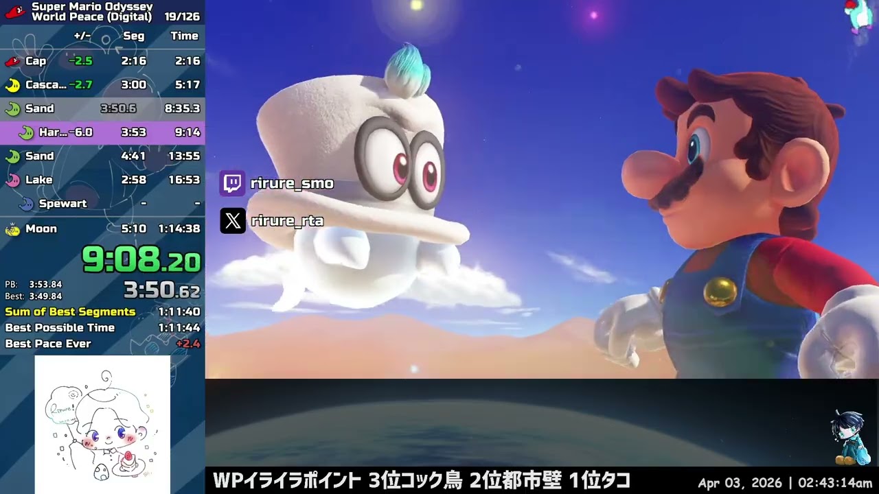 【RTA】4/3記録更新 スーパーマリオ オデッセイ World Peace 1時間14分11秒