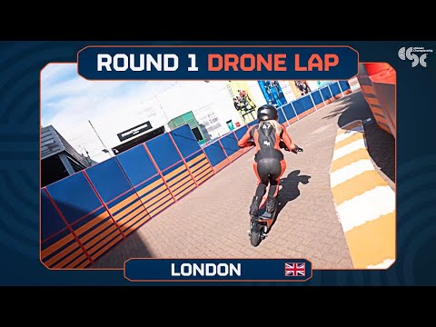 FPV drone following Chelsea Gowland riding laps around the eSkootr Championship circuit in London