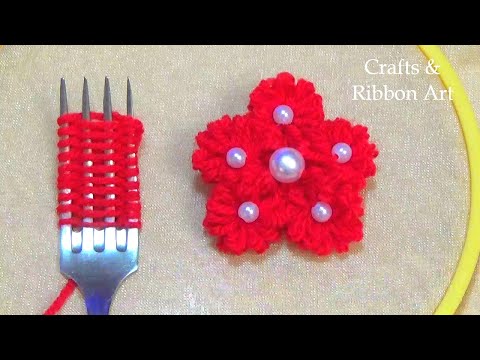 Amazing Woolen Flower Craft Ideas with Fork - Easy Woolen Flower Making - Hand Embroidery Flower