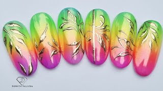 Rainbow ombre with gold filigree nail art. Simple summer chrome ombre nail art with neon pigments.