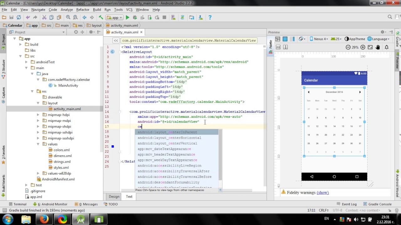 Using Material Calendar View library in Android Studio