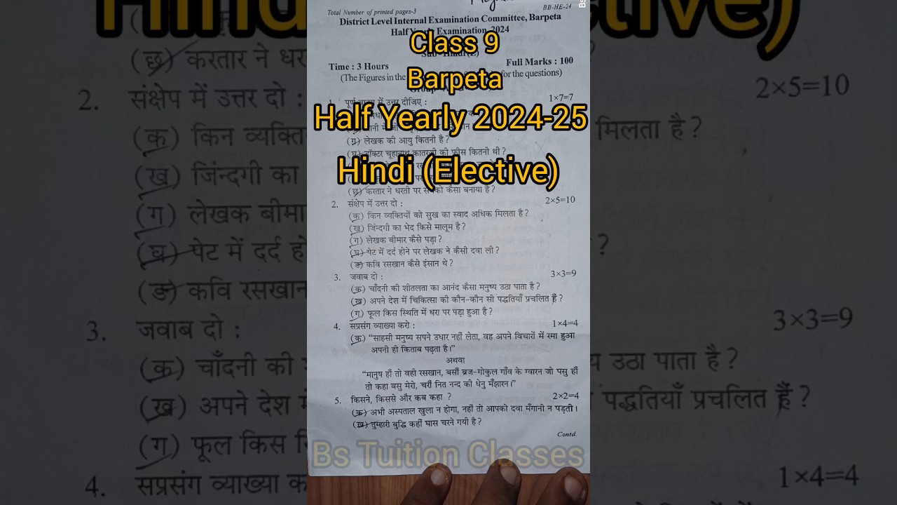 HINDI (ELECTIVE) Half Yearly 2024-25 Question Paper Class 9 (Barpeta) #Class9HindiHalfYearly2024