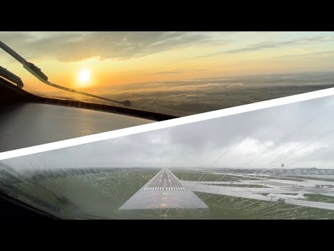 Lufthansa Cityline CRJ-900 cockpit view BLL-MUC, full take-off and landing, from sunrise to rain