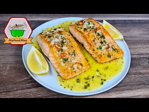 Salmon with lemon butter sauce – roast salmon fillet with skin until juicy and crispy