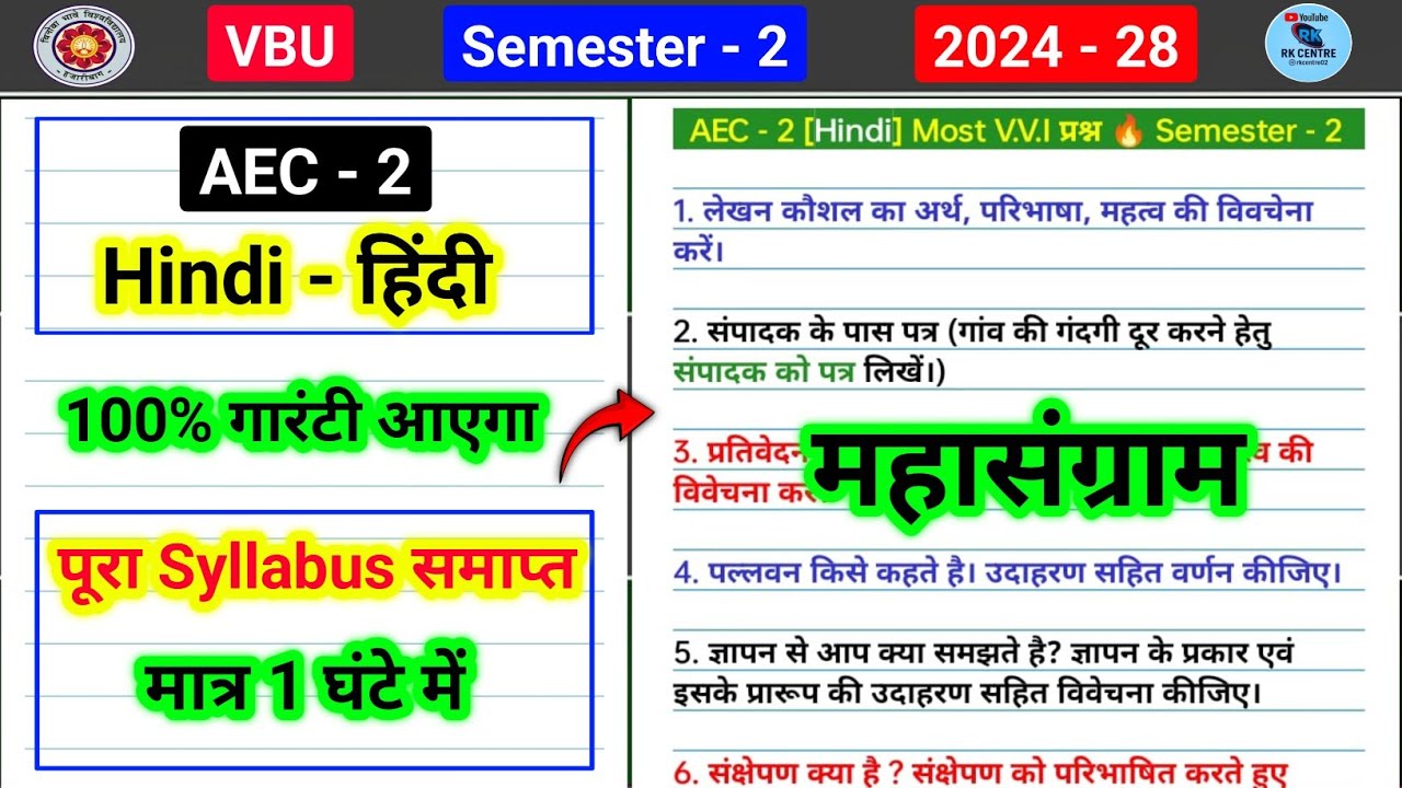AEC 2 hindi important questions semester 2 vbu। Lekhan Kaushal ka Arth paribhasha mahatva ki vivech