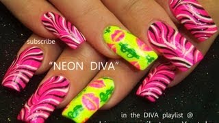 Black and White Zebra Print on Neon Pink Nails Design Tutorial