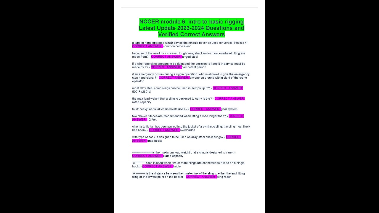 NCCER module 6 intro to basic rigging Latest Update Questions and Verified Correct Answers