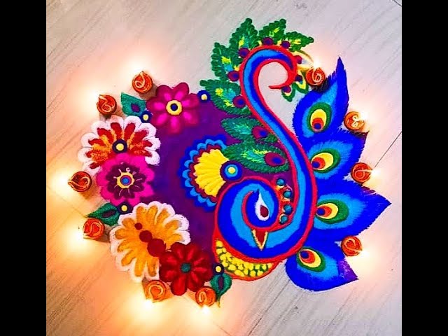 Diwali peacock rangoli design by girija
