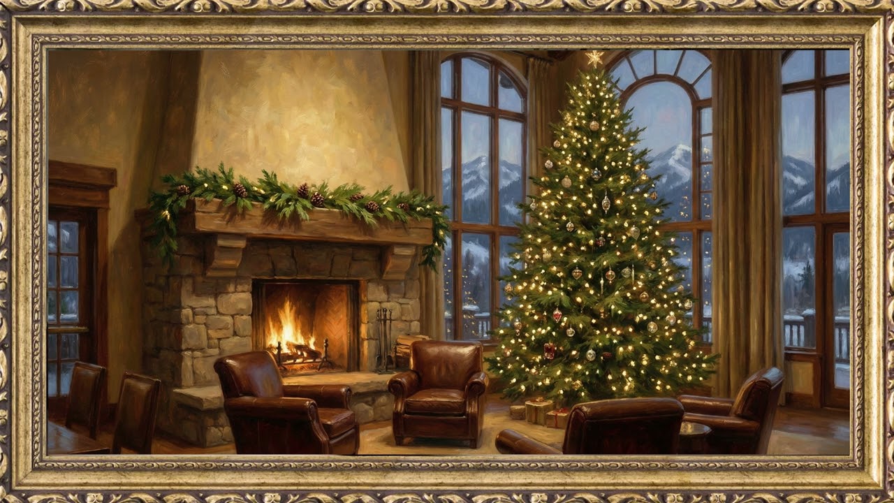 Mountain Lodge Christmas Tree Gold Frame TV Art Screensaver | 2 Hours 4K — 4K ambient art screensaver in baroque gold frame