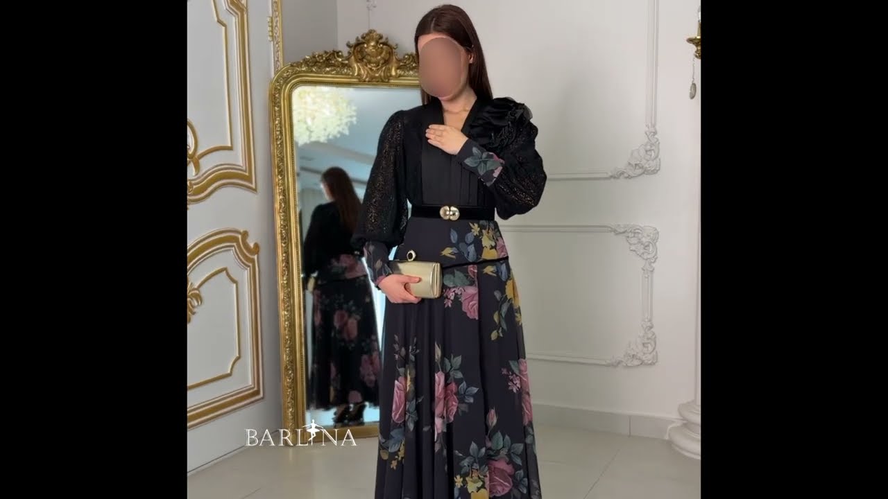 Long black floral dress with a belt - M
