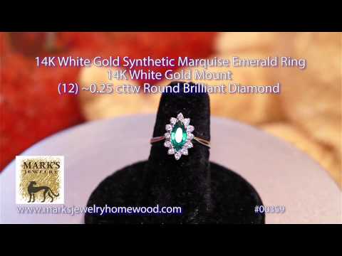 14K White Gold Synthetic Marquise Emerald Ring #00359